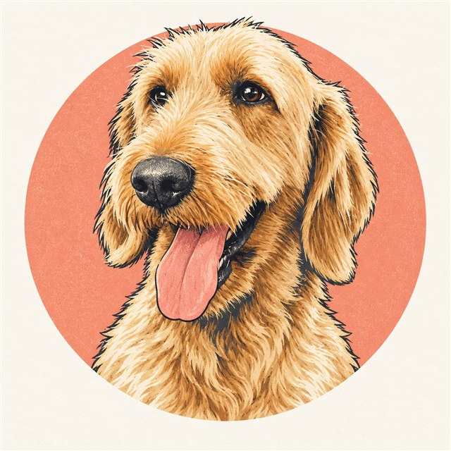 Illustrated portrait of Stella, our golden, scruffy Office Manager